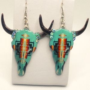 Teal skull bull head earrings